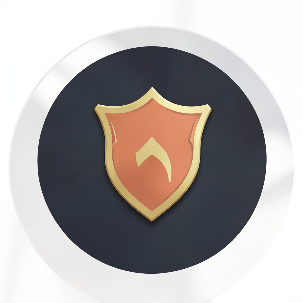 A circular emblem on a dark background featuring a stylised medieval shield in warm terracotta and gold tones