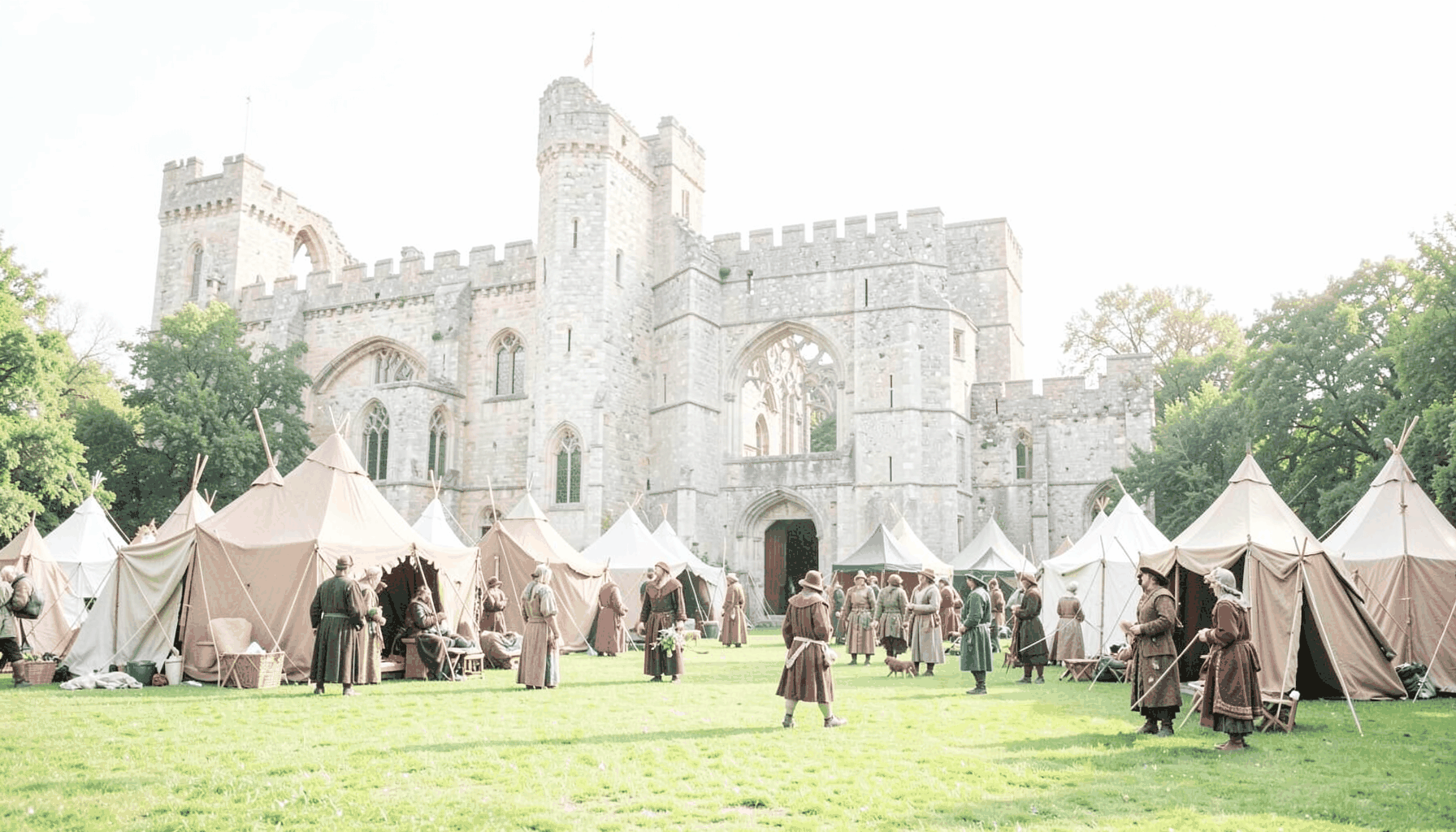 A historic abbey ruin backdrop with medieval tents and costumed participants on green lawns in soft afternoon light