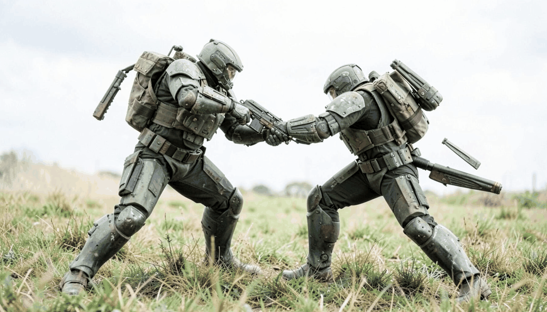 Two armoured fighters in a buhurt melee on a grassy field under overcast skies, muted steel and earth tones