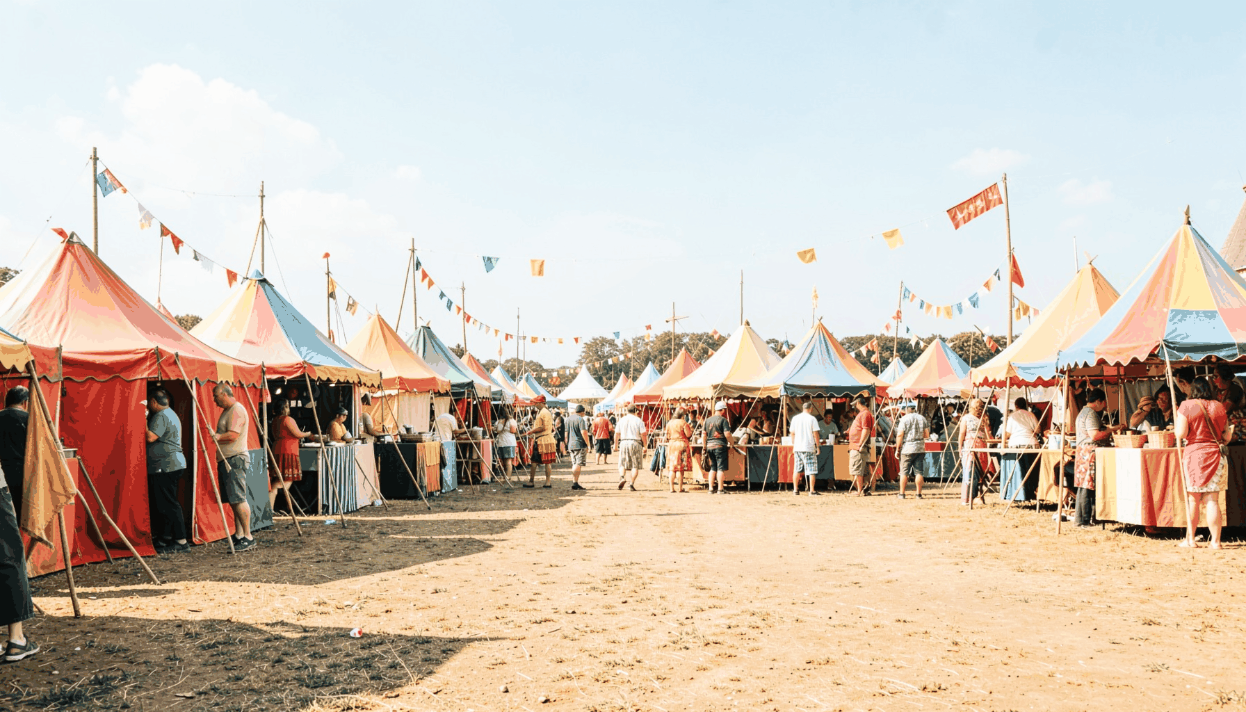 A wide, sunlit scene of a medieval fairground with colourful tents and banners against a bright blue sky, warm earth tones and vibrant fabric hues