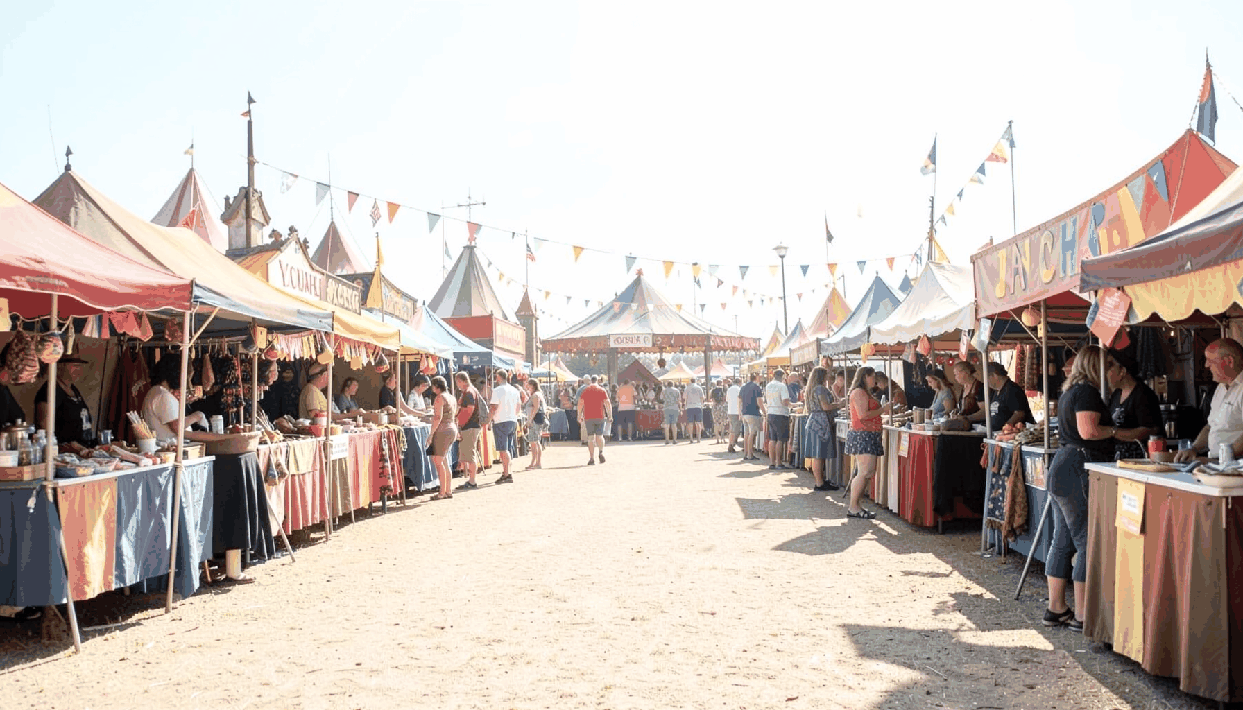 Bright sunshine over a South African fairground with medieval-style market stalls and colourful banners