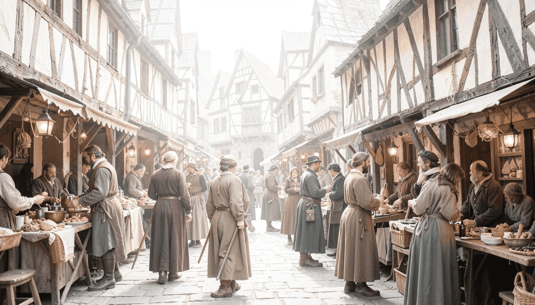 A bustling medieval market with timber-framed stalls, traders in period dress, and warm lantern light