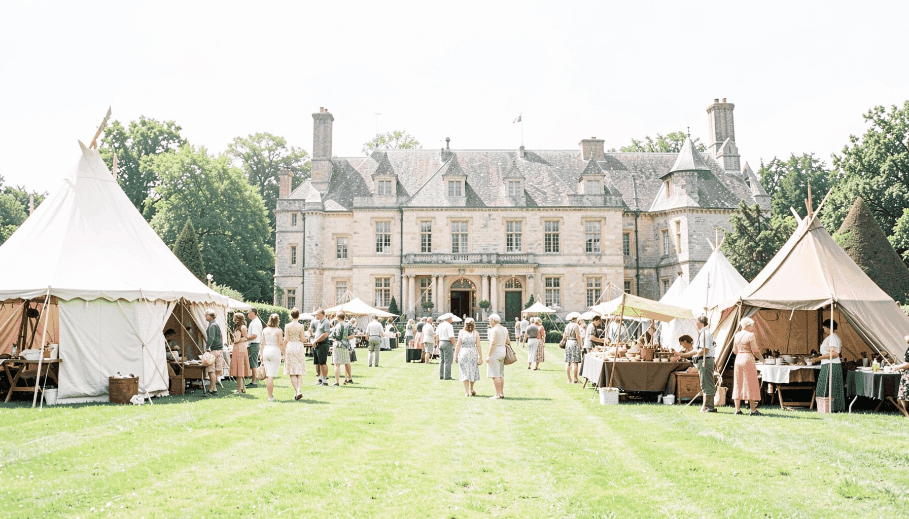 A grand country estate with medieval tents pitched on manicured lawns, visitors in summer attire browsing stalls