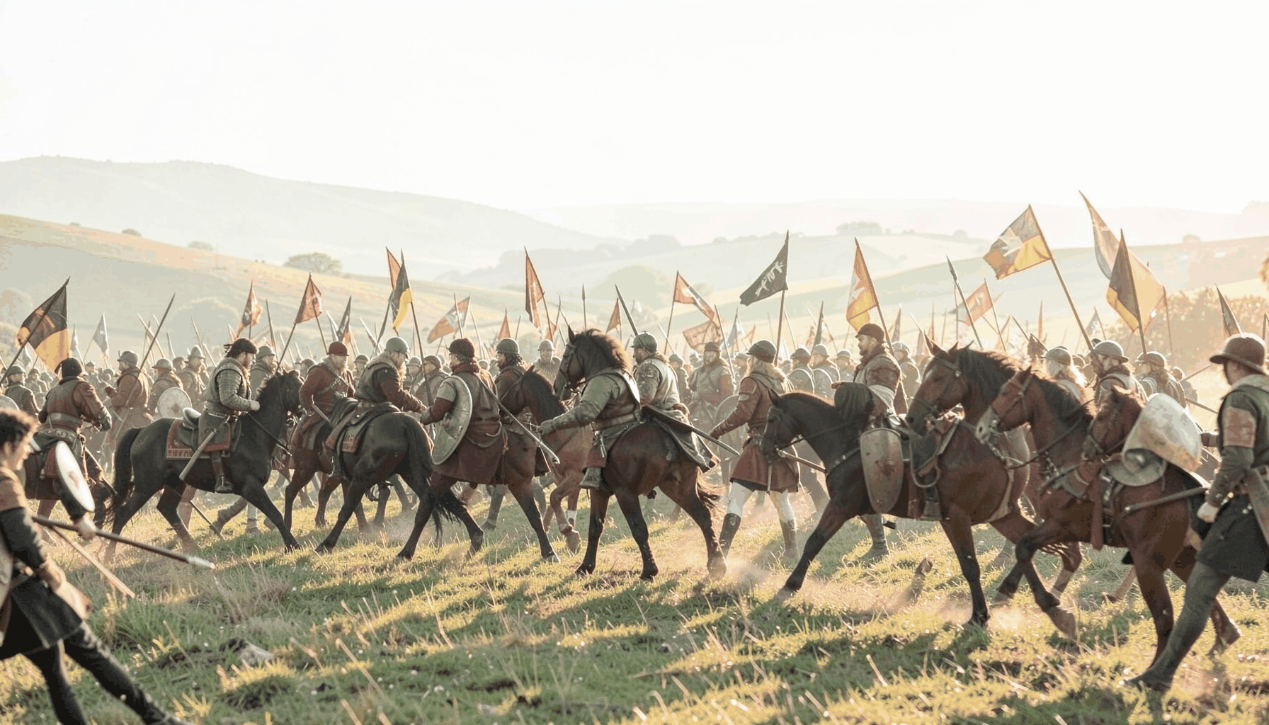 A reenactment battle scene on rolling English hills, with banners and shields catching the golden-hour light