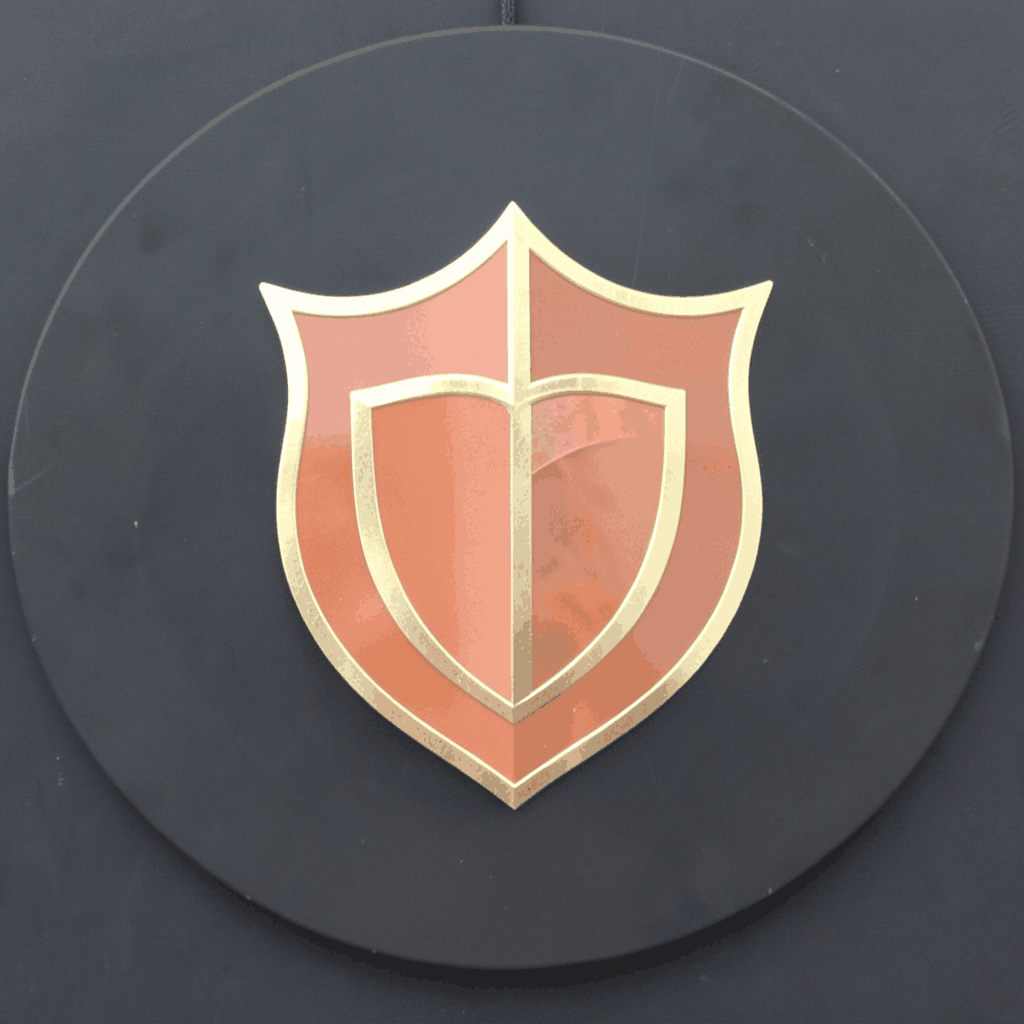 A circular emblem on a dark background featuring a stylised medieval shield or helm in warm terracotta and gold tones