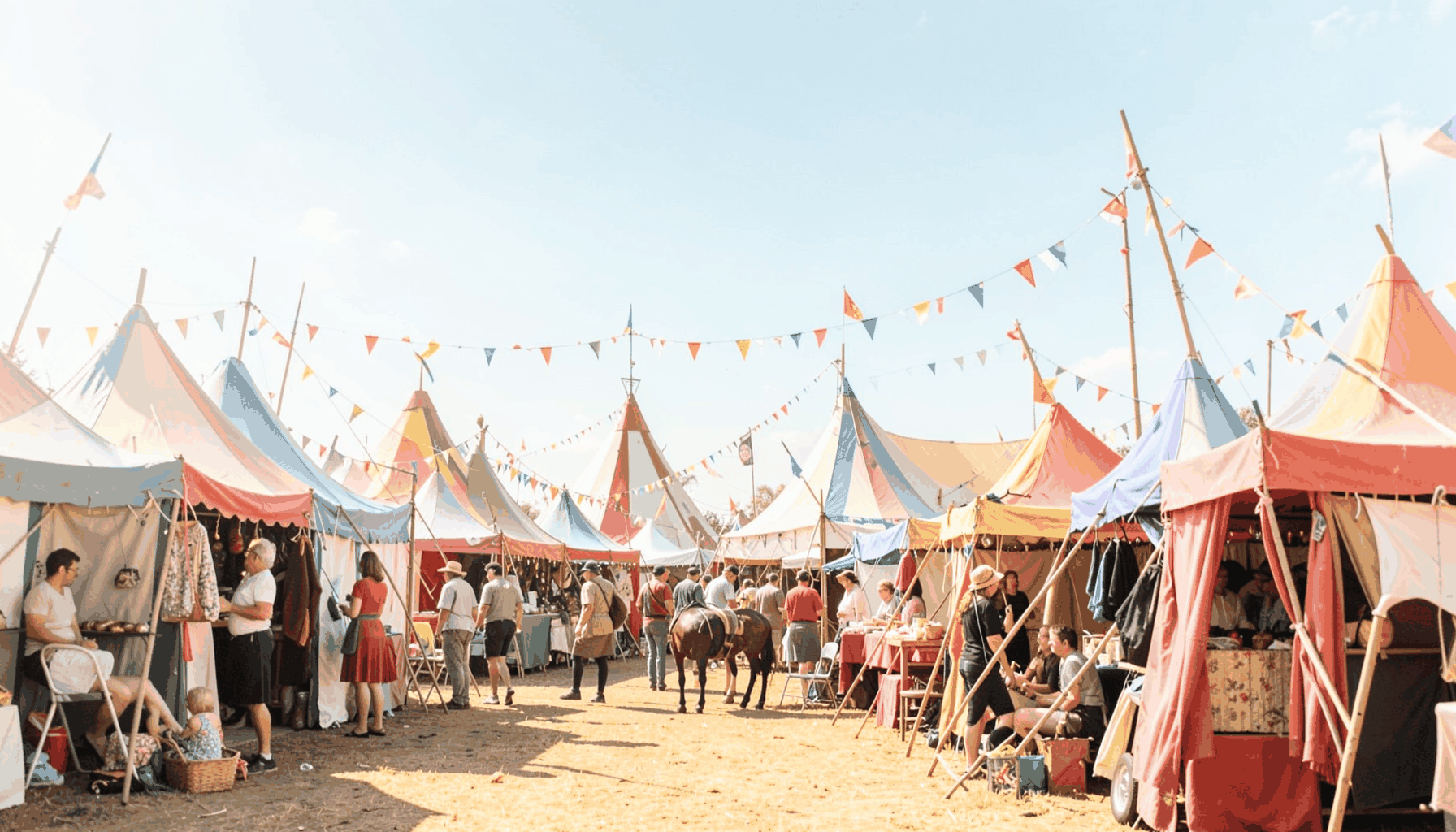 A sunlit medieval fairground with colourful tents and banners against a bright blue sky, warm earth tones and festive atmosphere