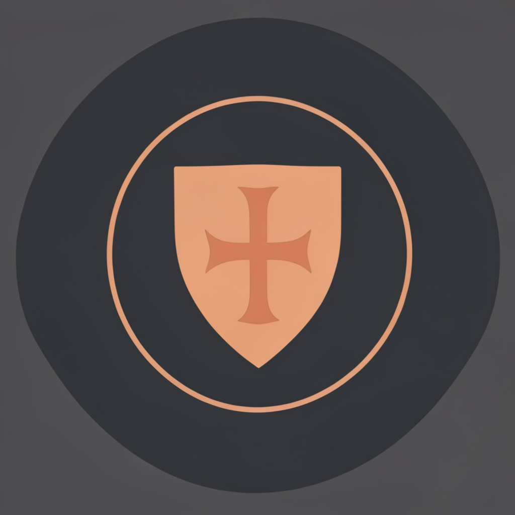 A circular emblem on a dark background featuring a warm terracotta shield silhouette with a subtle medieval cross motif, evoking heritage and craftsmanship.