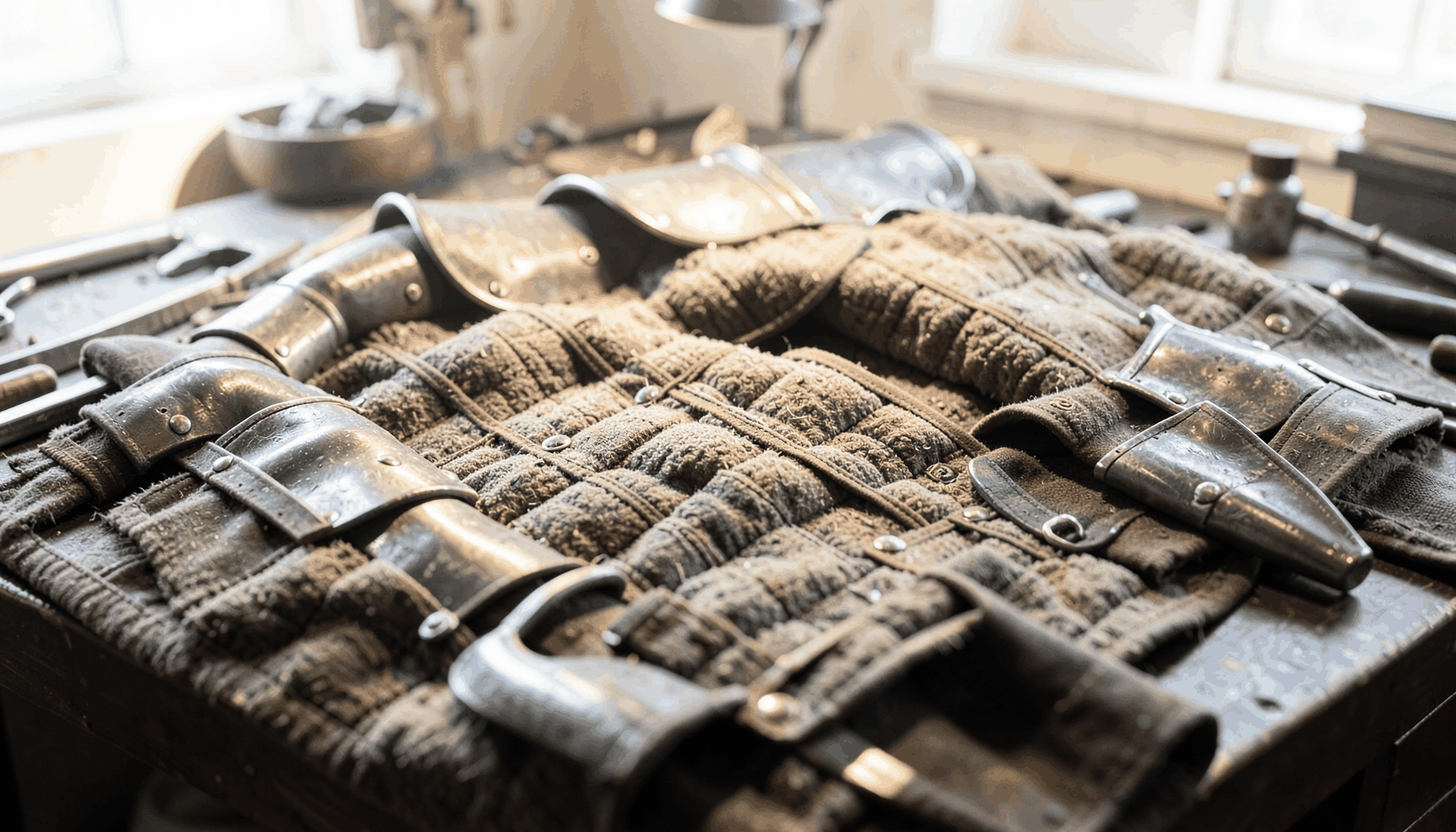 A close-up of medieval-style armoured combat gear — padded gambeson, steel pauldrons, and reinforced gauntlets — laid out on a dark workshop bench under warm overhead light.