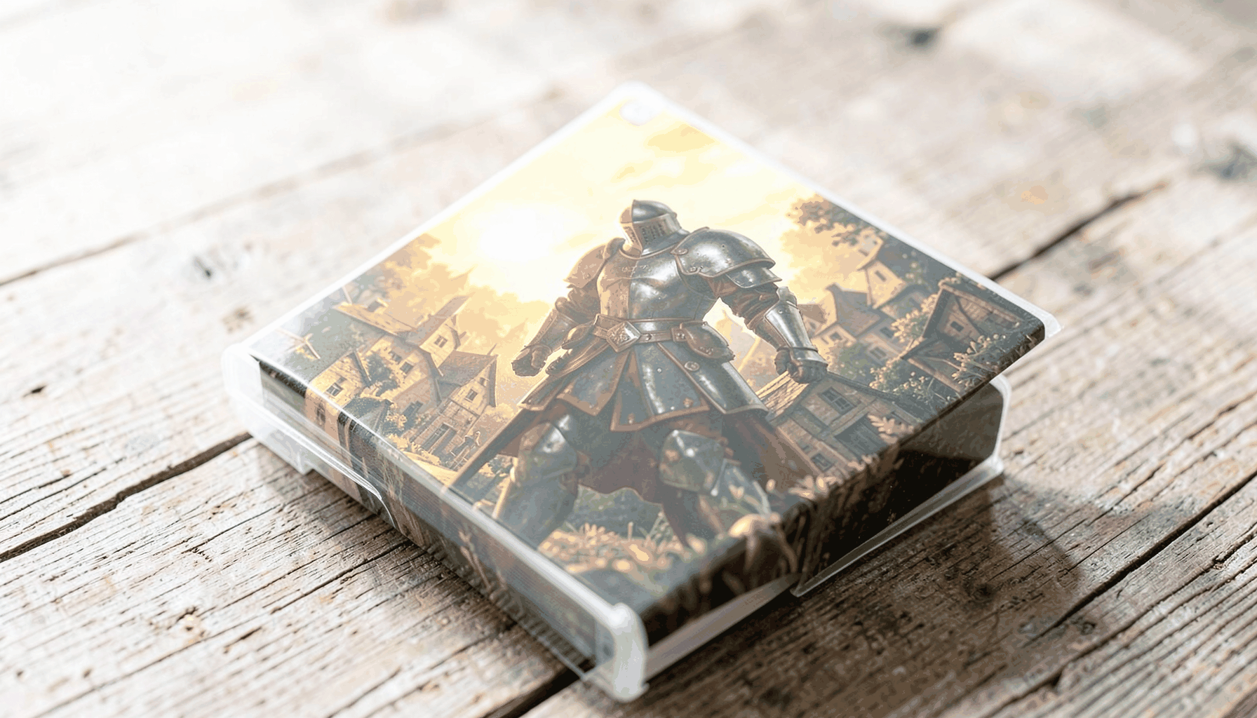 A video game case on a rustic wooden surface, its cover art showing a knight in plate armour standing before a sunlit medieval townscape, with warm amber and forest-green tones.