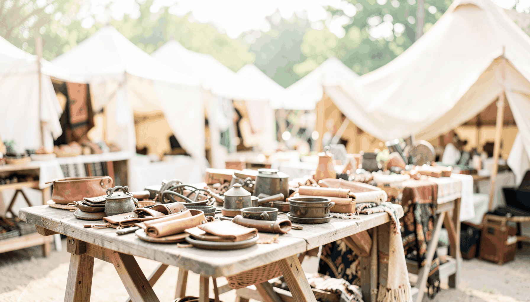 A bright, airy marketplace scene with warm natural light falling across wooden trestle tables displaying handcrafted leather goods, metalwork, and textiles, set against a soft out-of-focus backdrop of canvas tents and greenery.