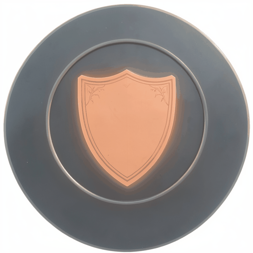 A circular emblem on a dark background featuring a warm terracotta shield silhouette with subtle medieval-inspired linework, glowing softly against the charcoal surround.