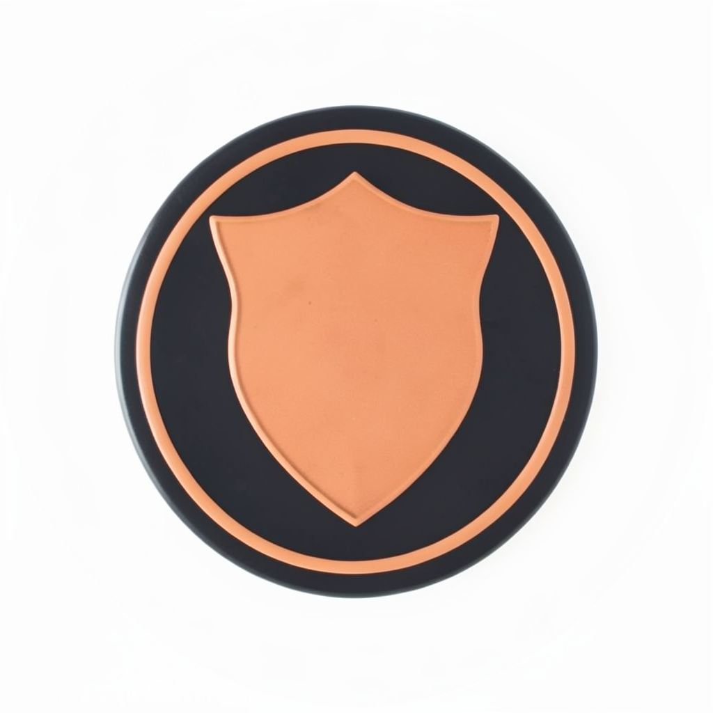 A circular emblem with a warm terracotta-toned shield silhouette on a dark background, evoking medieval heraldry