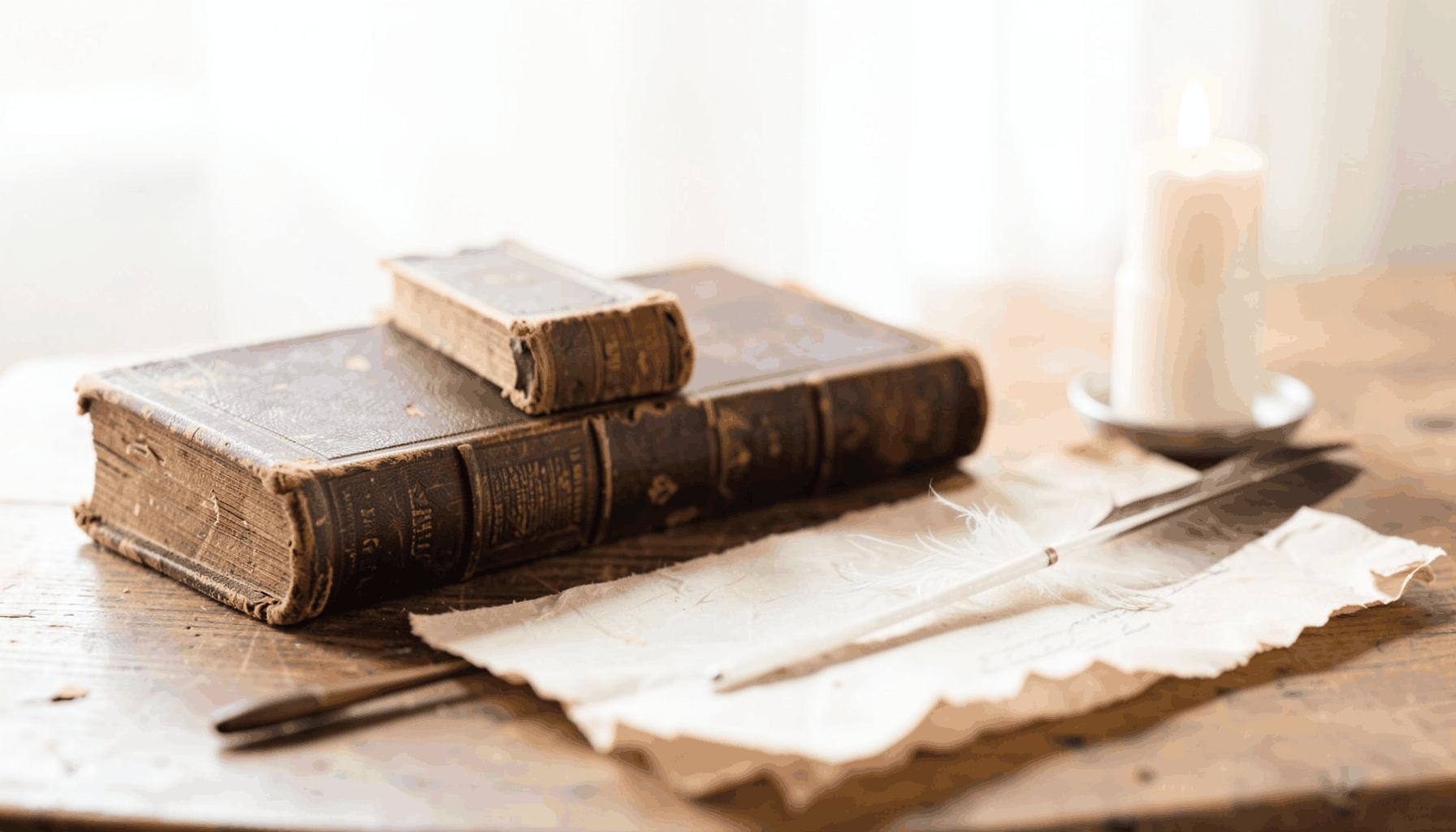 A warm, softly lit still-life of aged leather-bound books, a quill, and parchment on a wooden table, with a candle casting a gentle glow across the scene