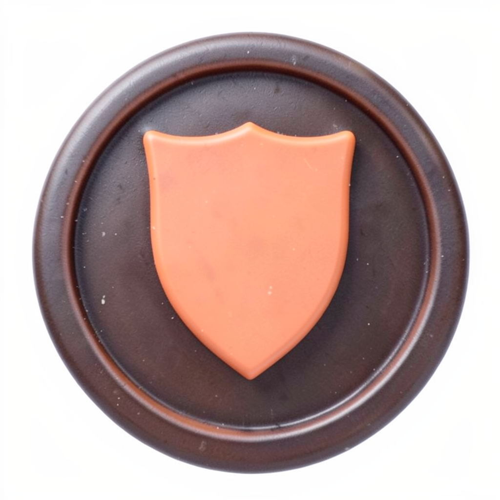 A circular emblem with a warm terracotta-red shield silhouette on a dark background, evoking a medieval wax seal