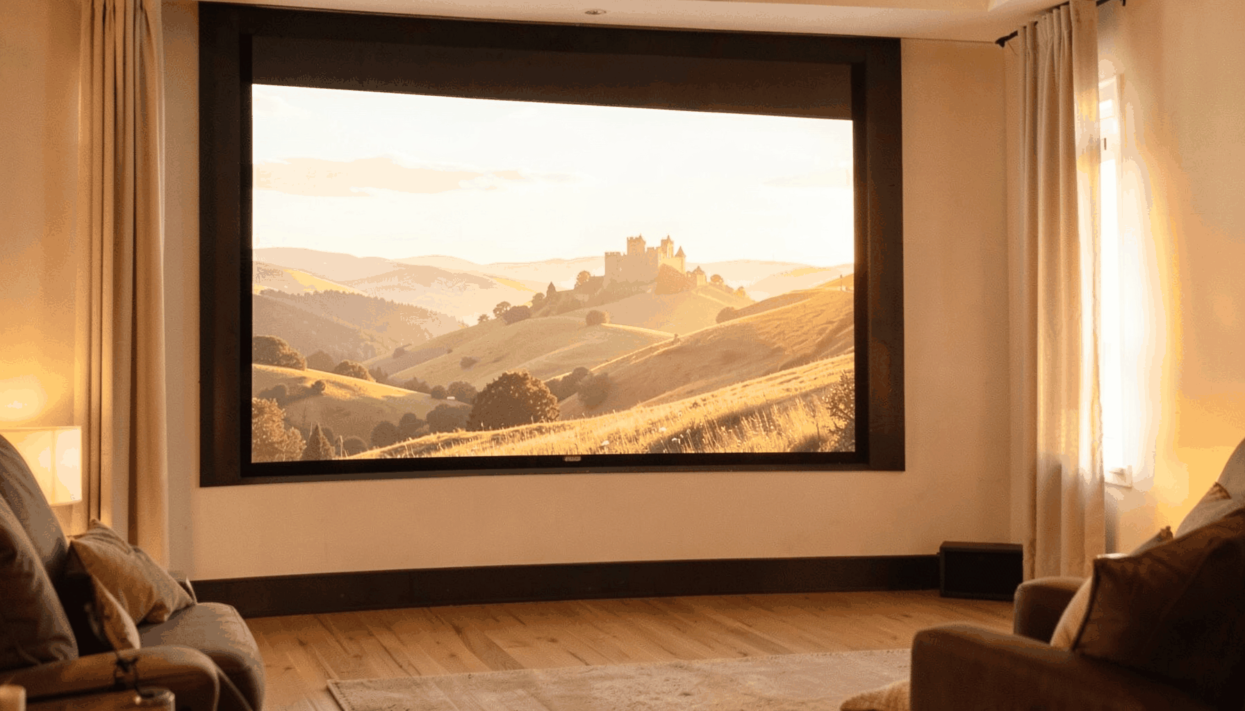 A warmly lit home cinema scene with a large screen displaying a sweeping medieval landscape at golden hour — rolling hills, a distant castle silhouette, and soft amber light filling the room