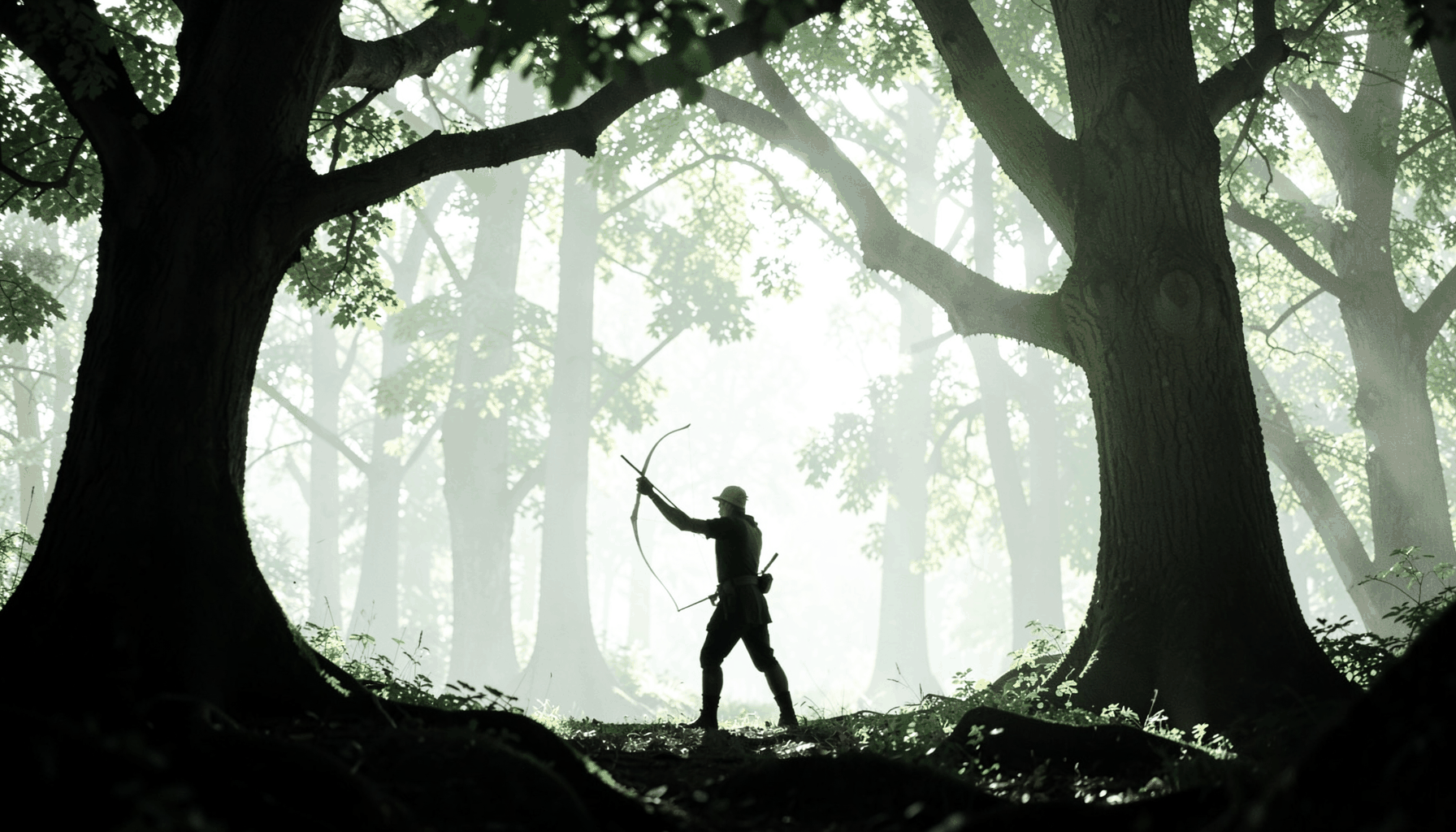 A shadowy forest scene with a lone archer silhouetted against dappled green light filtering through ancient oaks