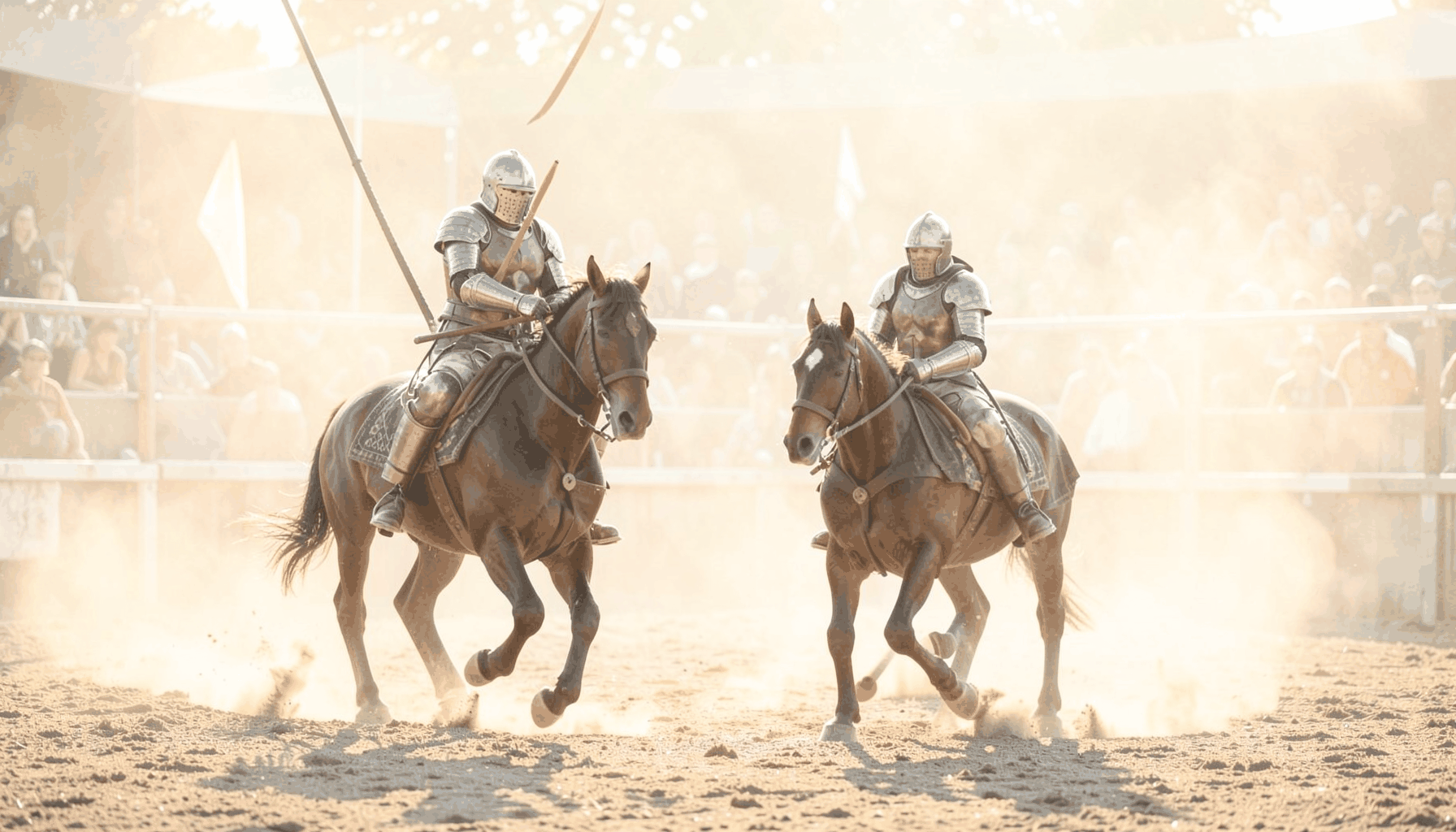 A jousting arena bathed in golden afternoon light, dust rising from the tilt barrier as two armoured knights approach on horseback