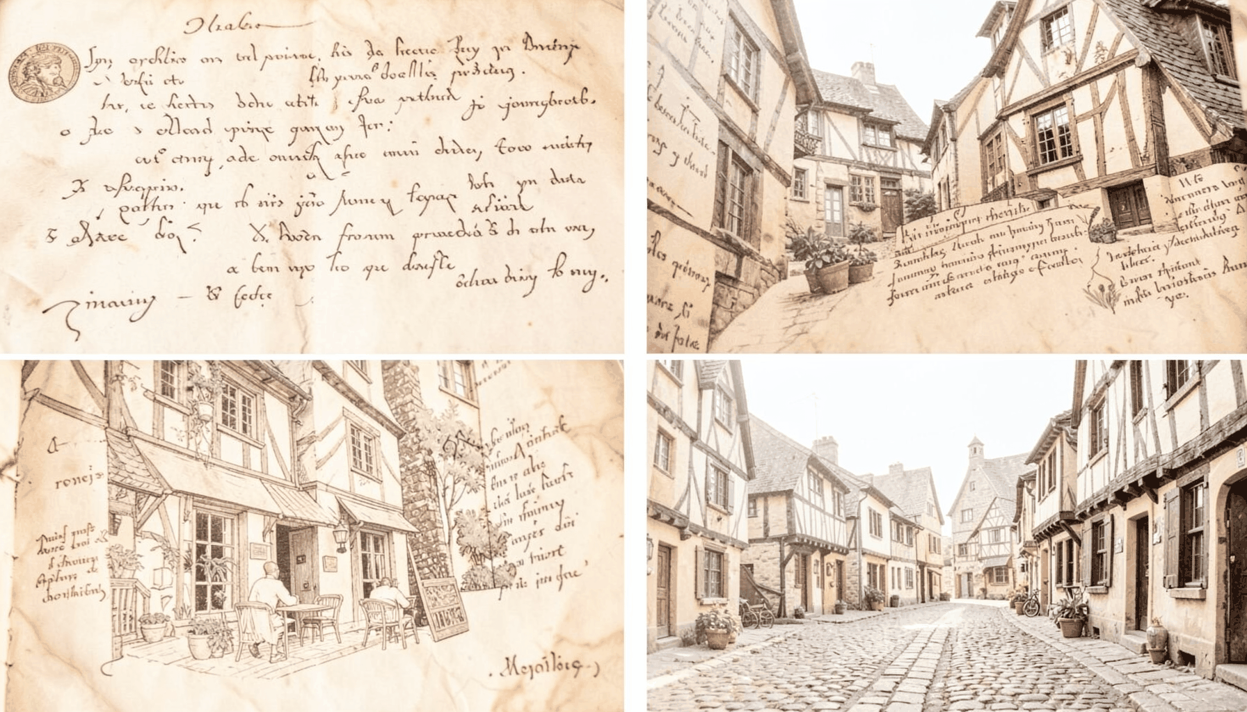 A montage of illuminated manuscript details and a medieval village street, warm parchment tones blending with soft daylight on timber-framed buildings