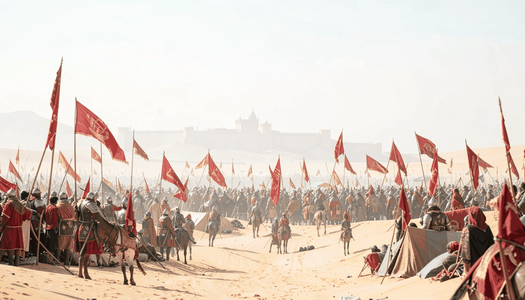 A vast desert encampment with crimson and gold banners fluttering against a hazy sky, distant walls of a crusader city on the horizon