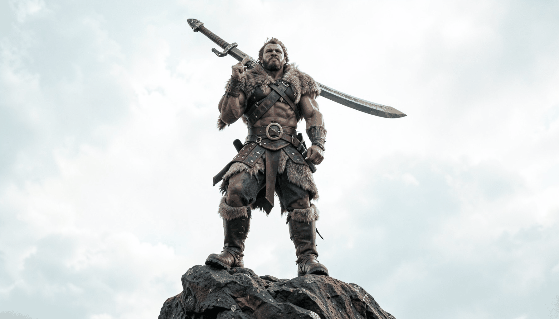 A muscular warrior in fur and leather standing atop a rocky crag, a massive broadsword resting across his shoulders, storm clouds gathering behind