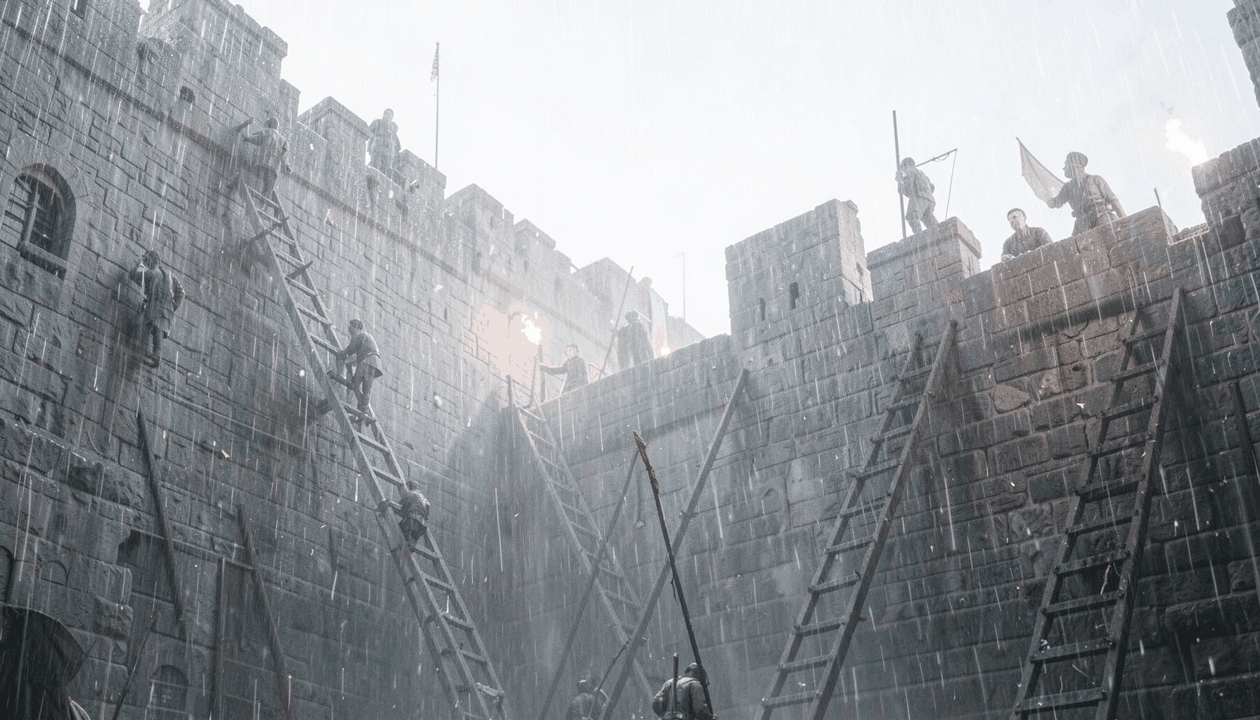 A rain-soaked castle siege at dawn, scaling ladders against stone walls, defenders silhouetted by torchlight on the battlements
