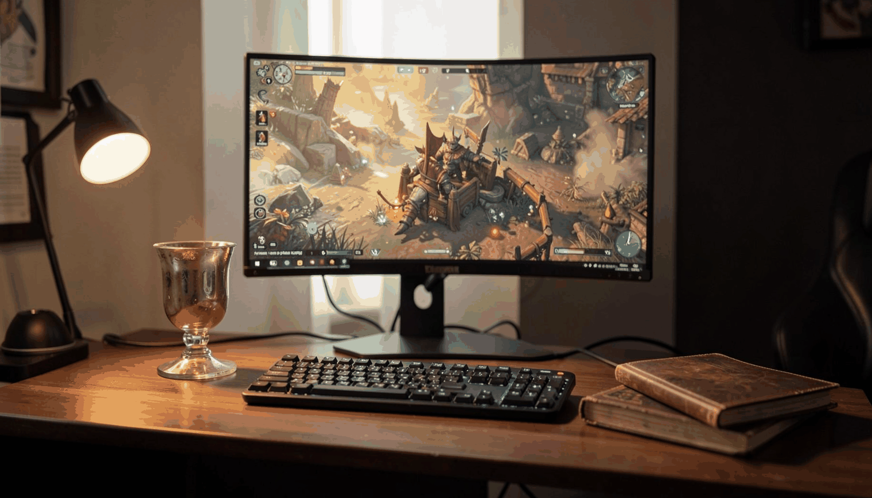 A warmly lit gaming desk with a medieval-themed video game on a wide monitor, a goblet and a leather-bound journal beside the keyboard, rich browns and amber tones against a dark room