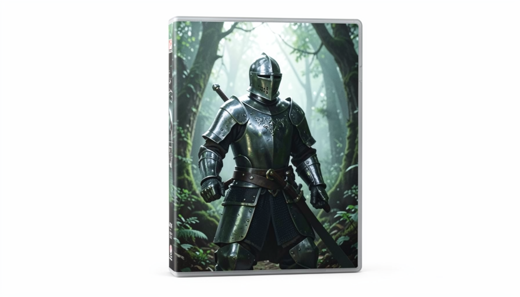 A video game case for a medieval RPG, featuring a knight in plate armour against a forest backdrop, deep greens and steel greys