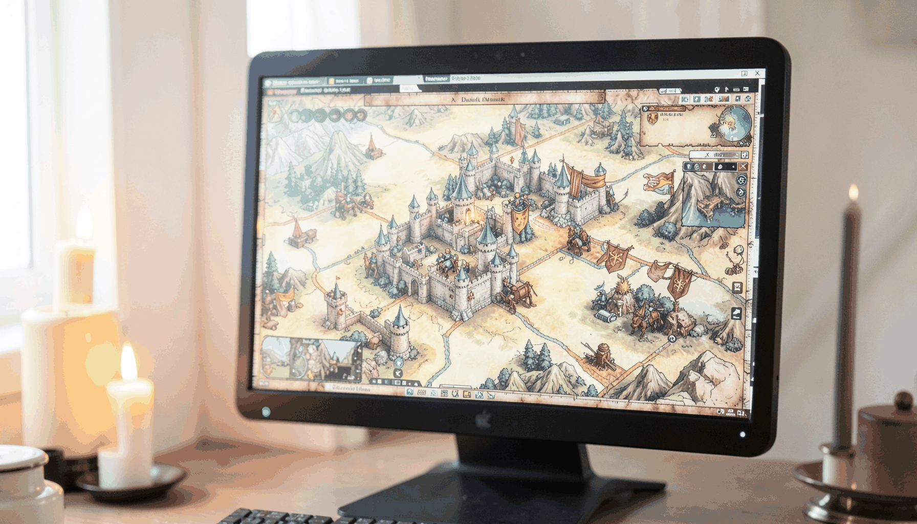 A glowing computer screen displaying a medieval strategy game map with castles and banners, warm candlelight flickering nearby