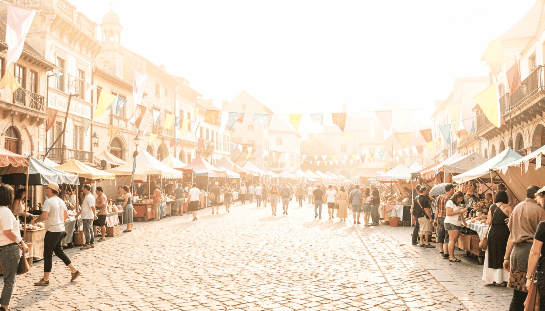A wide atmospheric photograph of a sunlit medieval market square with colourful banners and tents, warm golden light, and a lively crowd in the distance